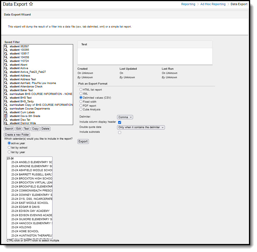 Screenshot of the Data Export Tool.