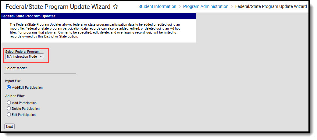 Screenshot of teh Federal/State Program Update Wizard.
