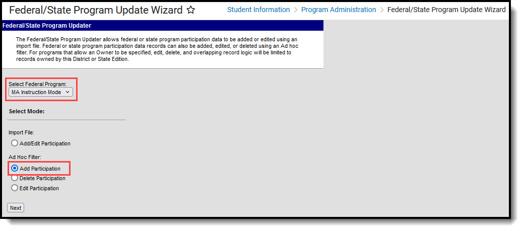 Screenshot of the Federal State Program Update Wizard.