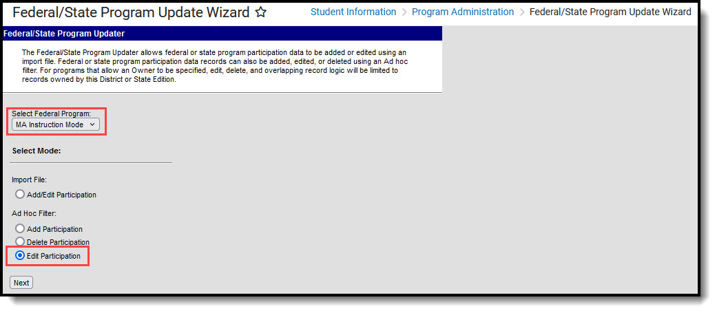Screenshot of the Federal/State Program Update Wizard.