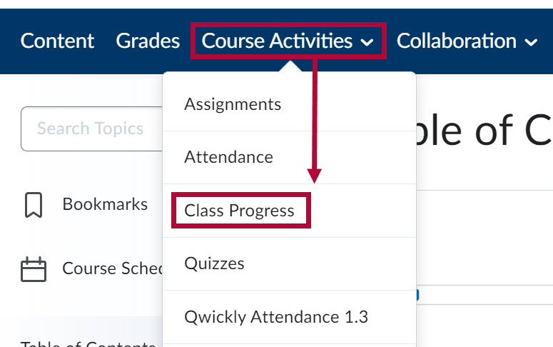 Indicates Course Activities link and identifies Class Progress link.