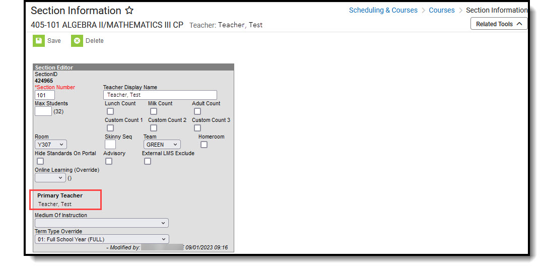 Screenshot of Primary Teacher for a Section.