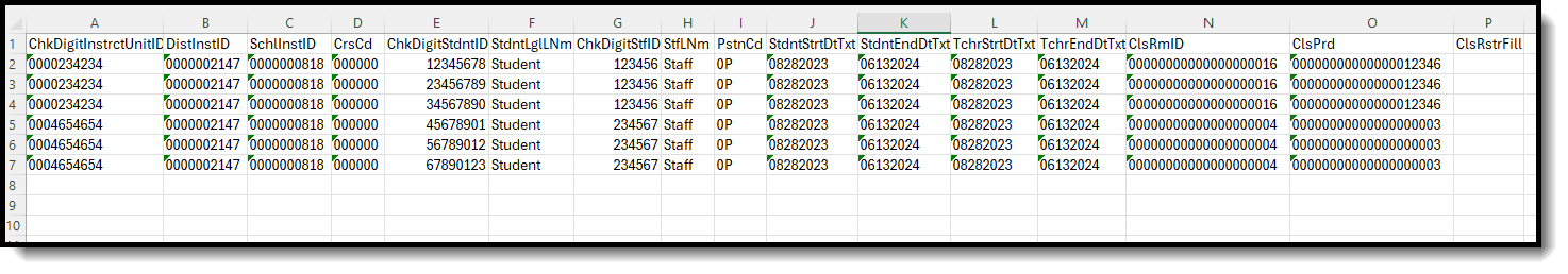 Screenshot of the CSV format of the Class Schedule File. 