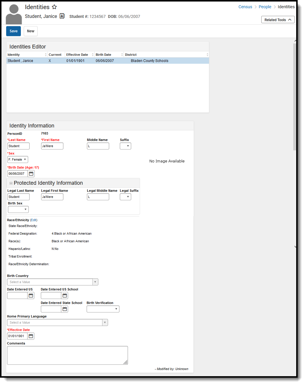 Screenshot of the Identities editor, located at Census, People.