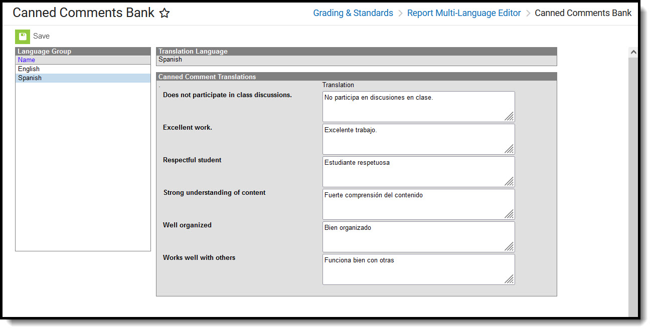 Screenshot of the Canned Comments Bank tool with several Spanish translation examples