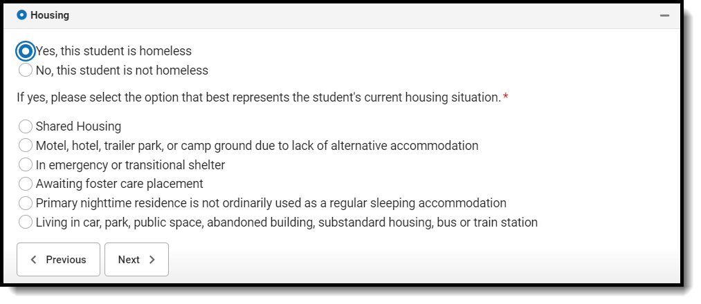Screenshot of the Housing fields on the Student Entry tab.