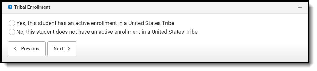 Screenshot of the Tribal Enrollment fields on the Student Entry tab.