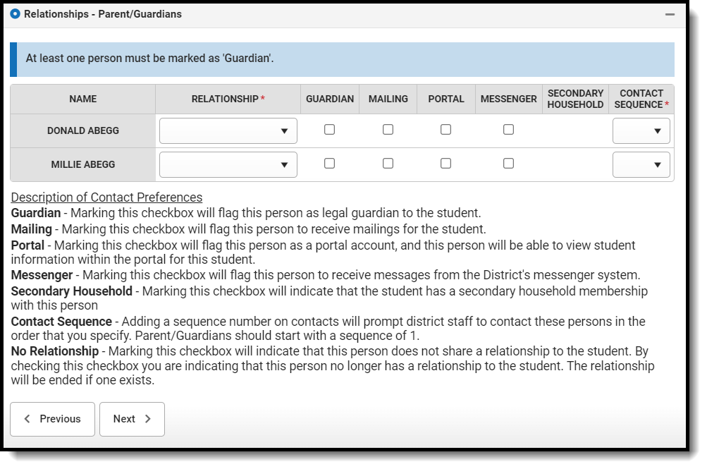 Screenshot of the Relationships (Parent/Guardian) fields on the Student Entry tab.