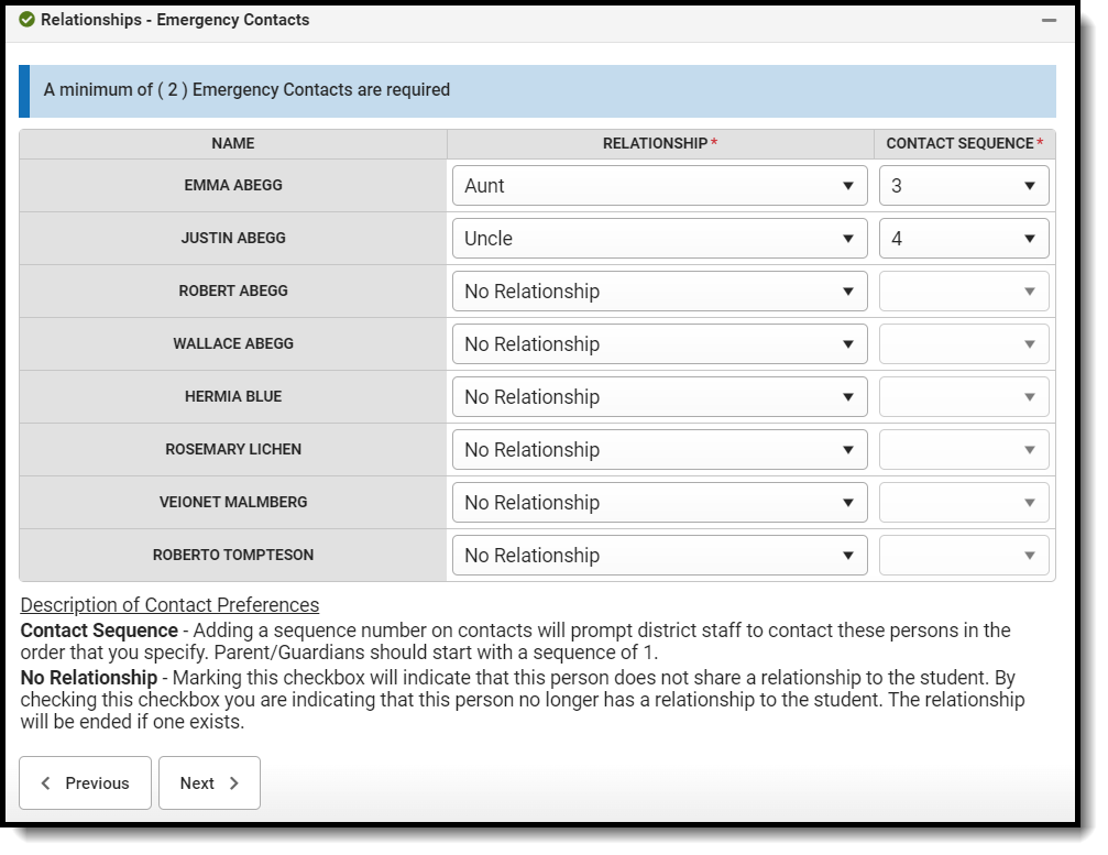 Screenshot of the Relationships (Emergency Contacts) fields on the Student Entry tab.