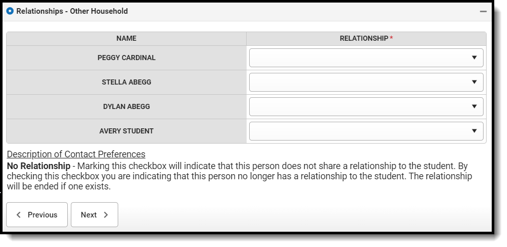 Screenshot of the Relationships (Other Household) fields on the Student Entry tab.