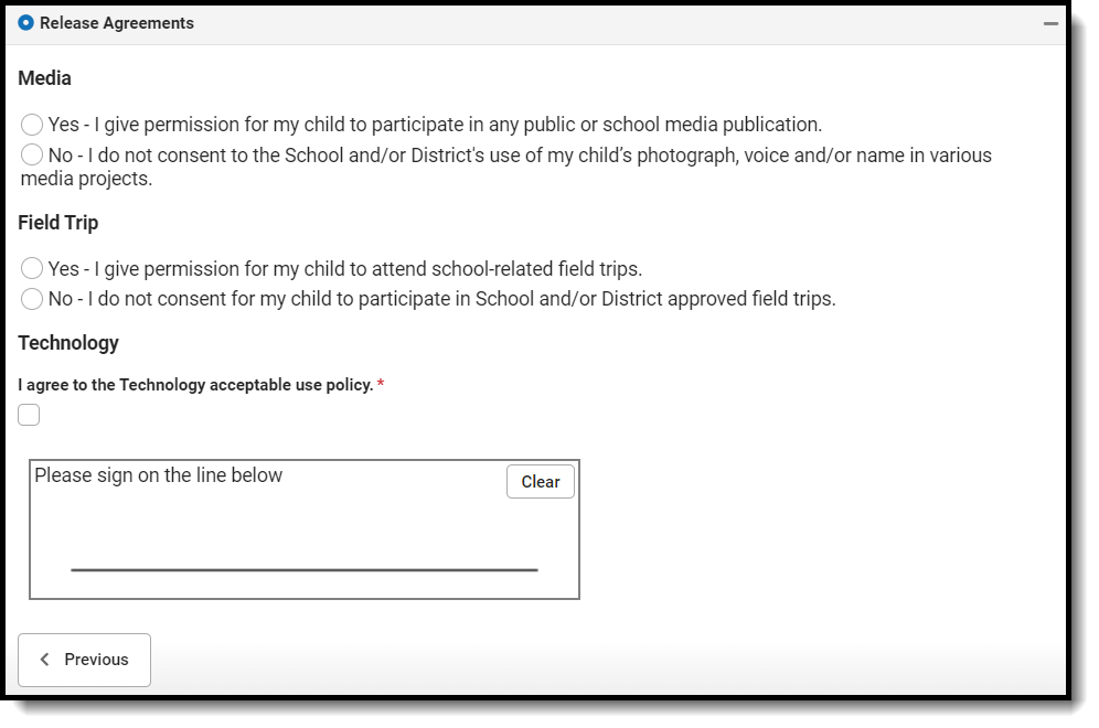 Screenshot of the Release Agreements fields on the Student Entry tab.