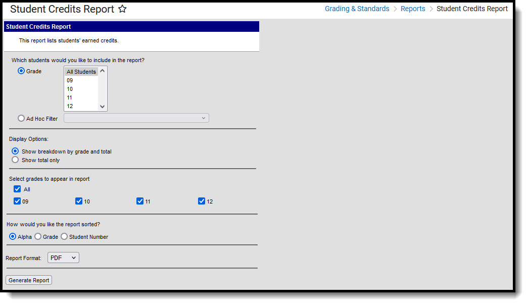 Screenshot of all the options that can be selected when generating the Student Credits report.