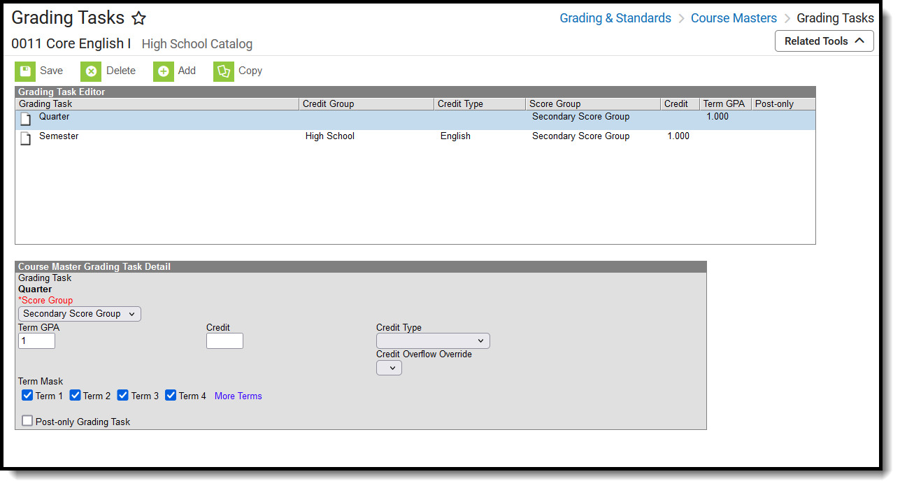 Screenshot of the Course Masters Grading Tasks editor, located at Grading & Standards, Course Masters.
