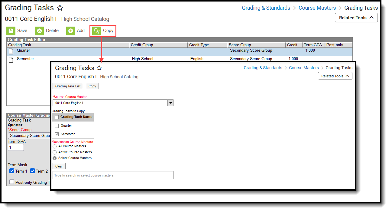 Screenshot of the Copy option to copy grading tasks from one course master to another. 