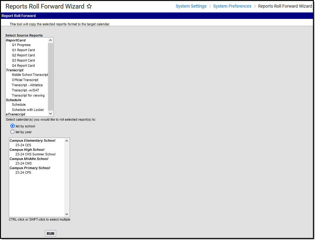 Screenshot of the reports roll forward wizard tool.