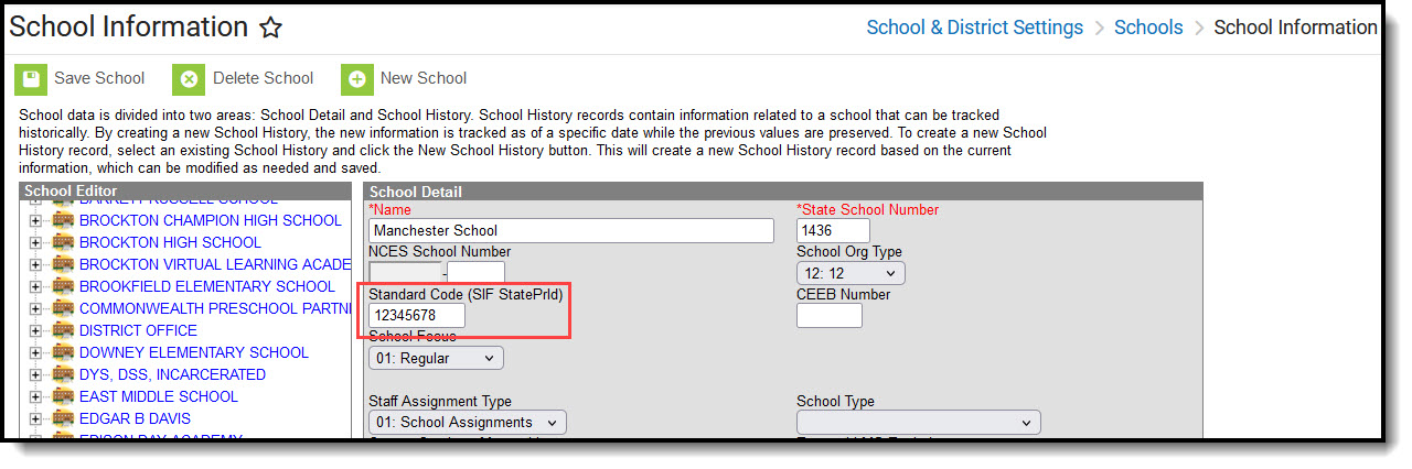 Screenshot of School SIF Code in School Detail editor.