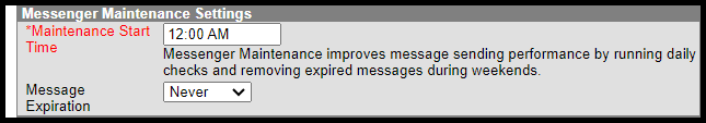 Screenshot of the Messenger Settings tool where the Maintenance Start Time and Message Expiration fields are highlighted
