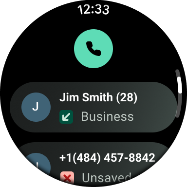 Watch screen displaying recent call list