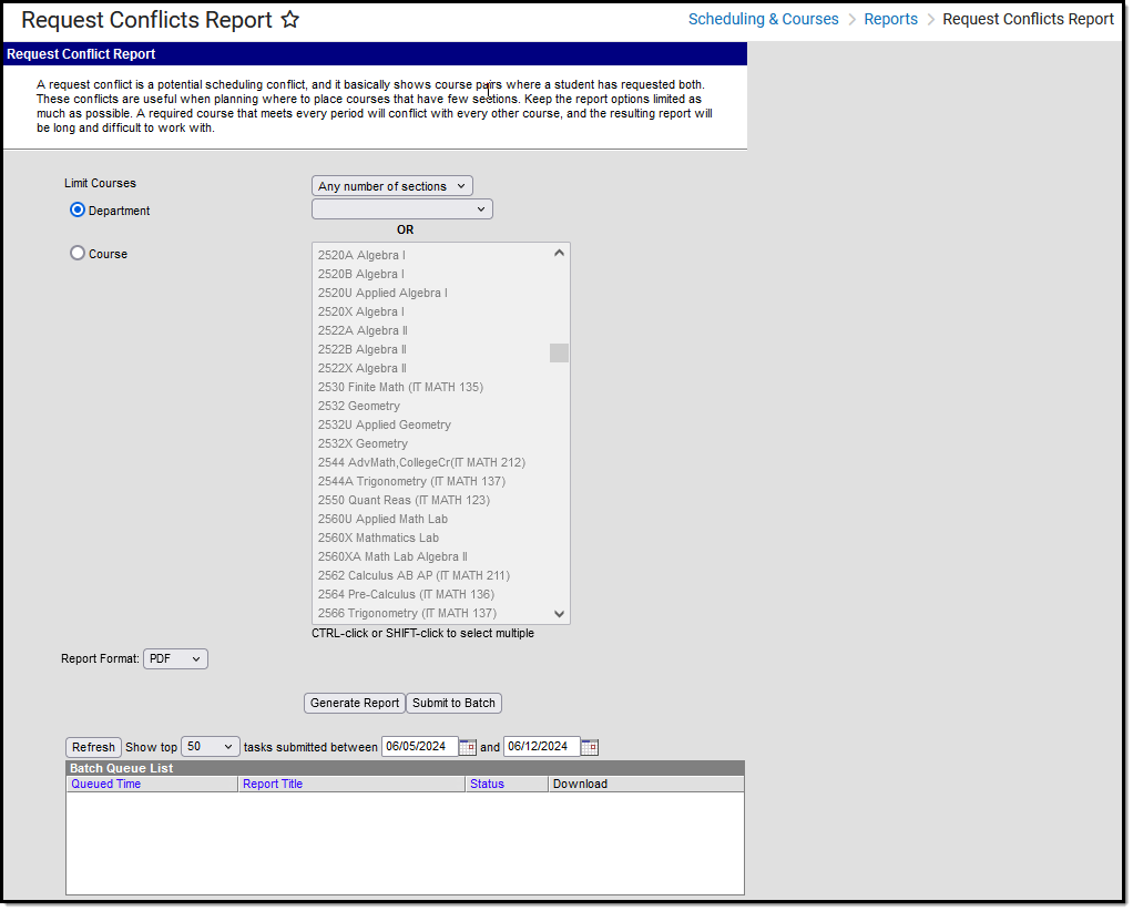 Screenshot of the Request Conflicts Report editor.