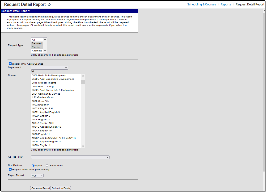 Screenshot of the Request Detail Report editor.