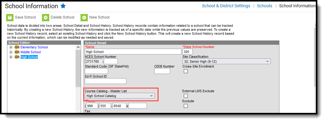 Screenshot of the School Information tool with the Course Catalog-Master List field highlighted. 