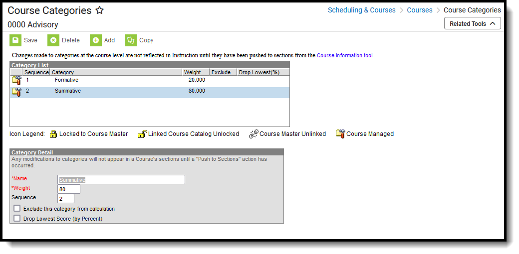 Screenshot of the Course Categories tool, located at Scheduling & Courses, Courses. 