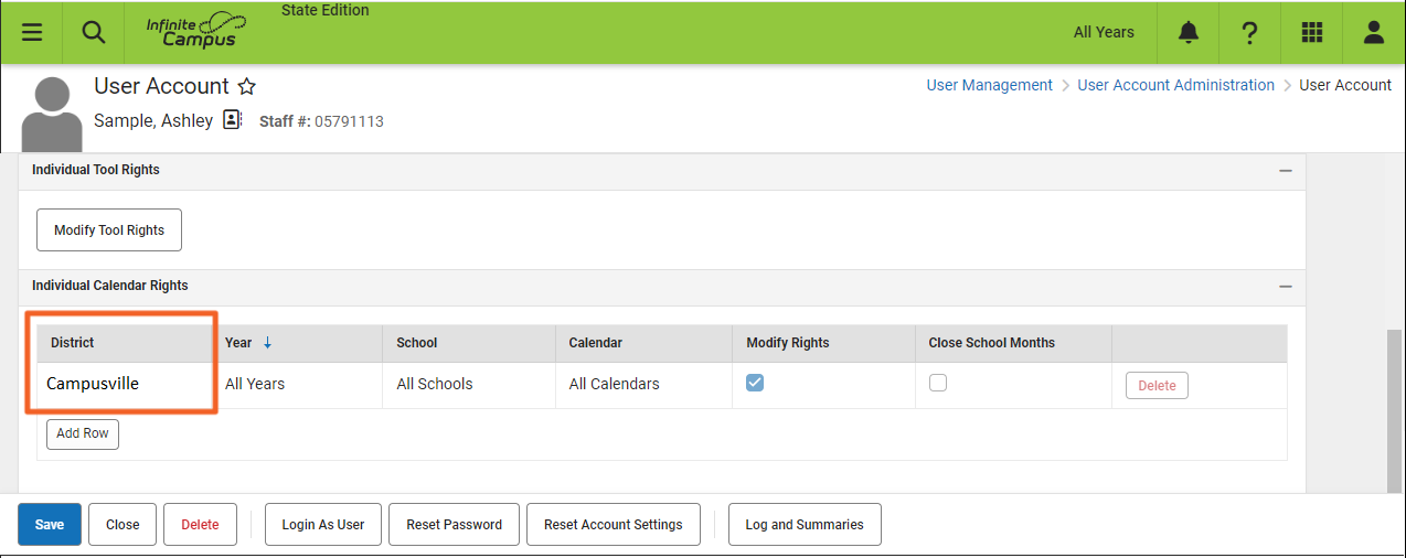 Screenshot of the User Account screen. The District field is highlighted.