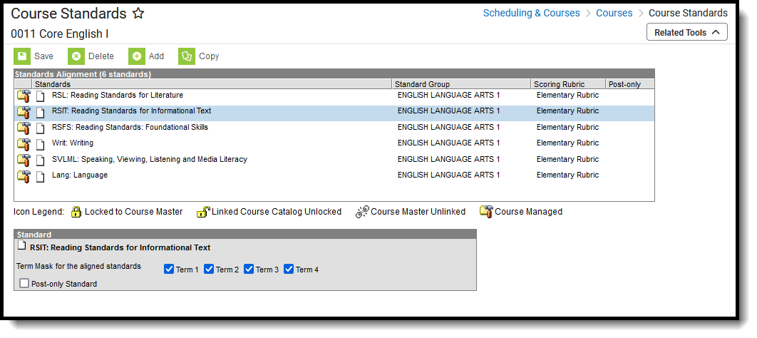 Screenshot of the Course Standards editor, locating at Scheduling & Courses, Courses. 