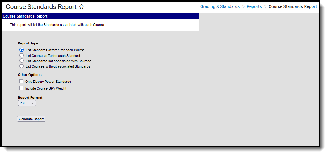 Screenshot of the Course Standards Report, located at Grading & Standards, Reports. 