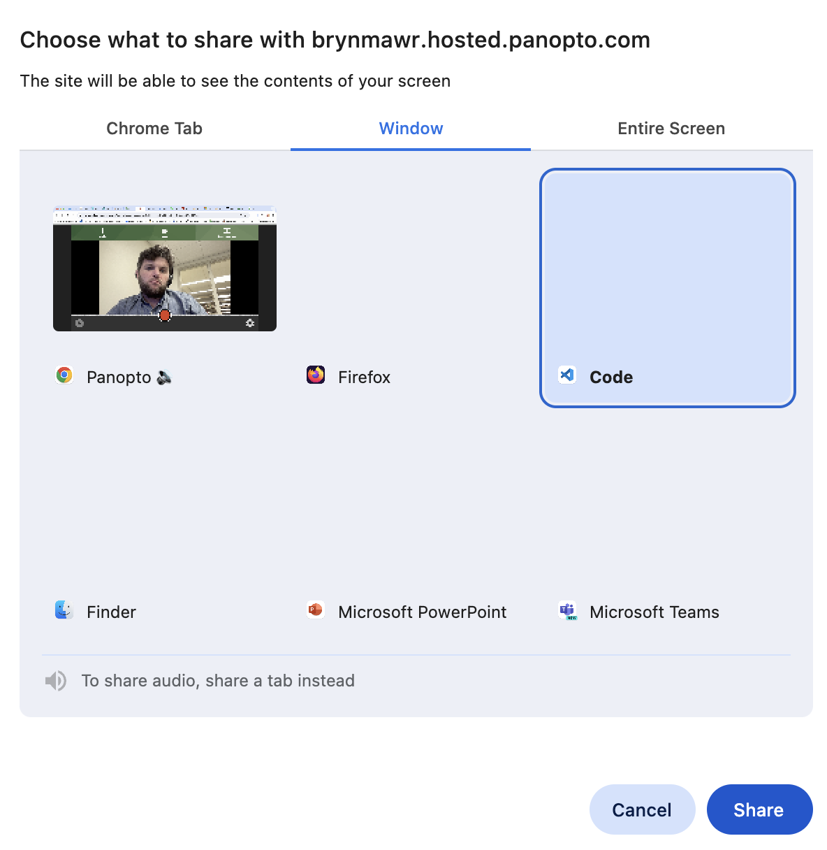 Screen and Apps menu in Google Chrome
