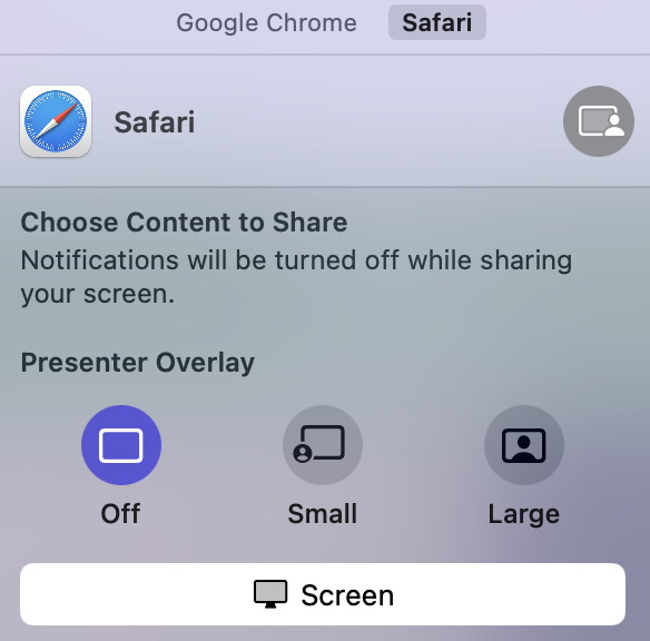 Screens and apps menu in Safari