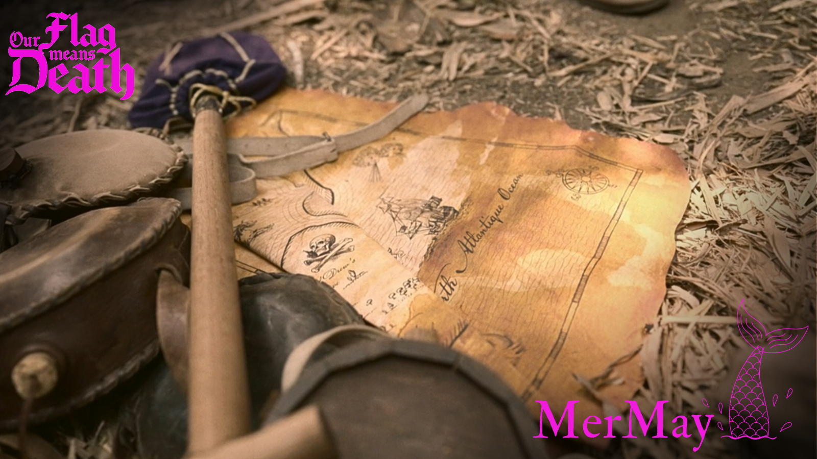 Alt text: A still from the show, overlaid with the SaveOFMD Crew MerMay 2024 sticker. The still shows Stede's treasure map and 'good shovel' lying on the ground. 