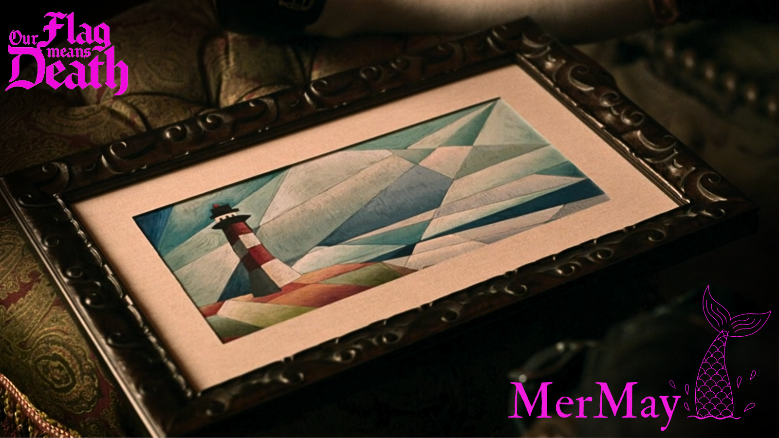 A still from the show, overlaid with the SaveOFMD Crew MerMay 2024 sticker. The still shows Mary Bonnet's lighthouse painting. 