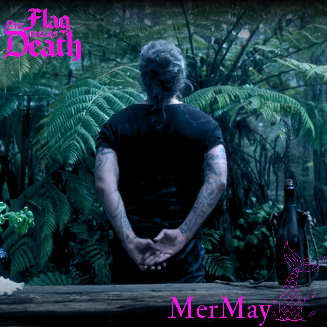 A still from the show, overlaid with the SaveOFMD Crew MerMay 2024 sticker. The still shows Ed in the Gravy Basket, with his back turned, waiting as Jeff to welcome a guest to his inn by the sea. 