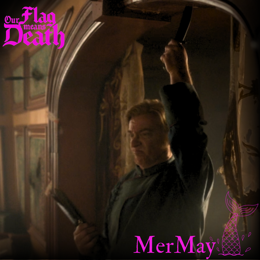 A still from the show, overlaid with the SaveOFMD Crew MerMay 2024 sticker. Stede grimaces as he removes a dagger from the doorframe upon his return to The Revenge. 