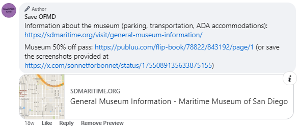 Information about the museum (parking, transportation, ADA accommodations): https://sdmaritime.org/visit/general-museum-information/ Museum 50% off pass: https://publuu.com/flip-book/78822/843192/page/1 (or save the screenshots provided at https://x.com/sonnetforbonnet/status/1755089135633875155)