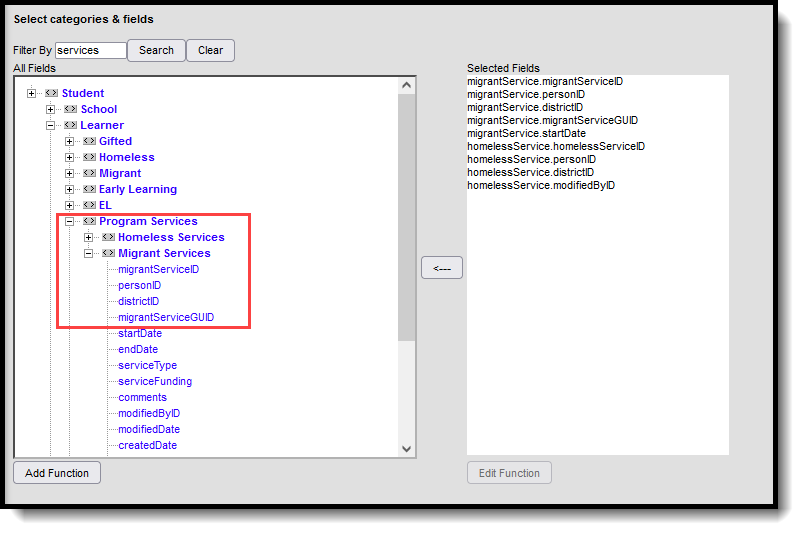 Screenshot of the Program Services Filter Designer fields. 