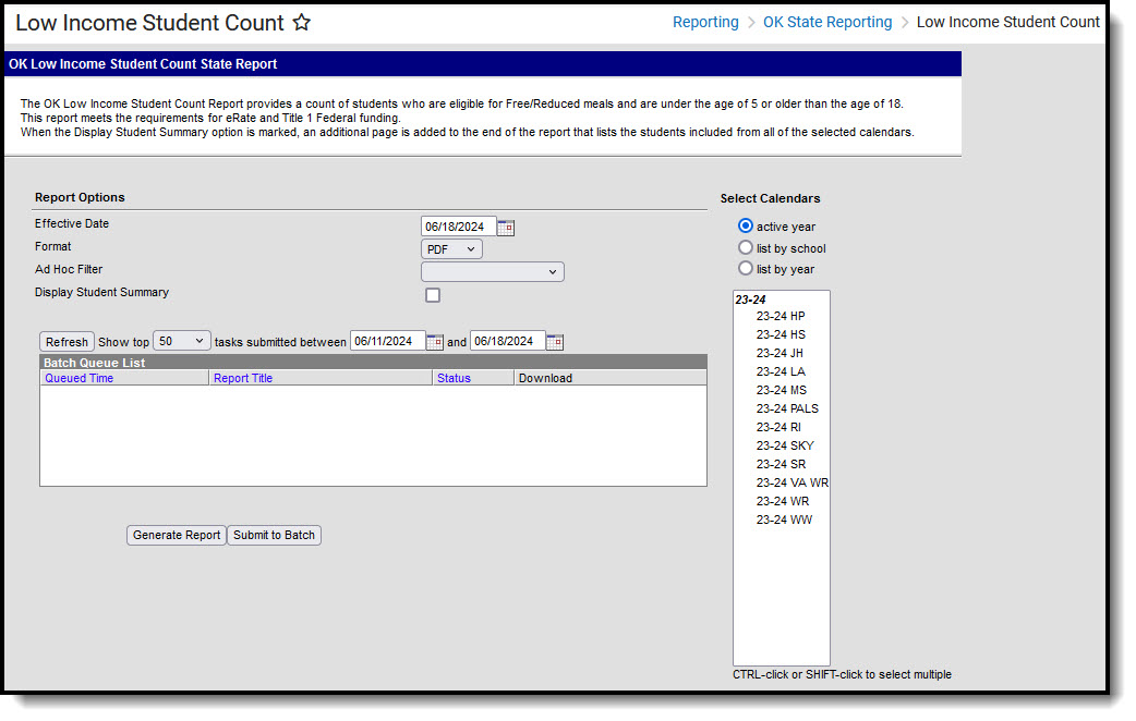 Screenshot of the low income student count report editor. 