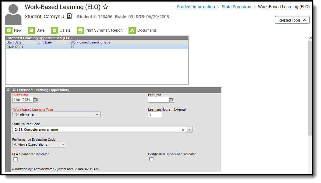 Screenshot of the Work-Based Learning Editor, located at Student Information, State Programs. 