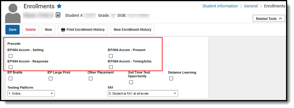 Screenshot of an example of the IEP/504 enrollment section of the report. 