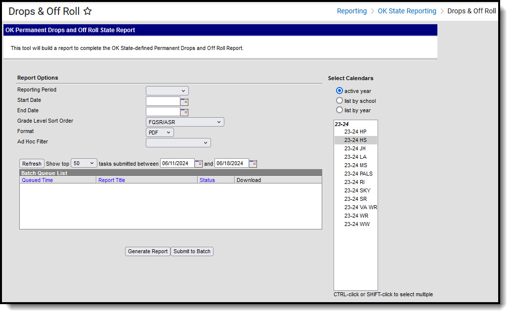 Screenshot of the Drops and Off Roll report editor. 