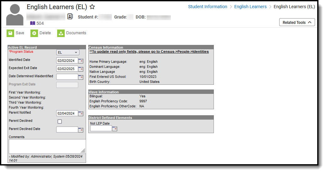 Screenshot of the English Learners tool. 