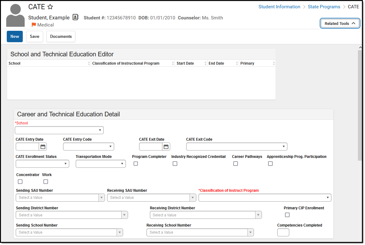 Screenshot of the Career and Technical Education (CATE) detail editor.