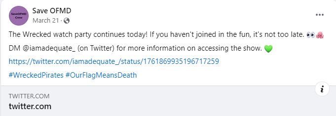 The Wrecked watch party continues today! If you haven't joined in the fun, it's not too late. 👀🐙 DM @iamadequate_ (on Twitter) for more information on accessing the show. 💚 https://twitter.com/iamadequate_/status/1761869935196717259 #WreckedPirates #OurFlagMeansDeath