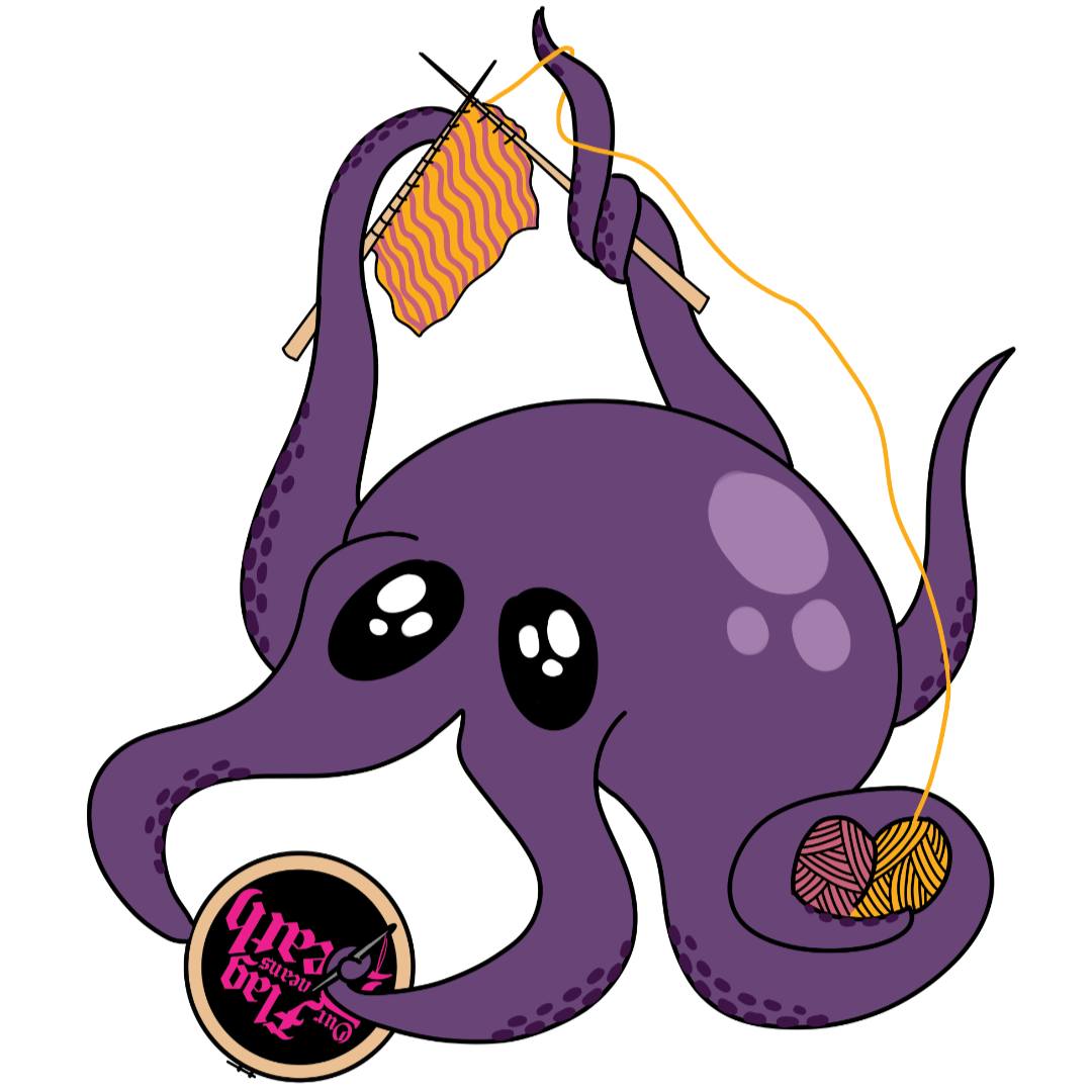 Image of Save OFMD's mascot Jeff the Kraken, a purple octopus looking creature with big, doe eyes. This is the icon for the Fiber Arts Brigade (Fab for short). In his front tentacles he works on a needlepoint design of the black and pink 'Our Flag Means Death' logo. In his left tentacle, he holds two bundles of yarn, one an orange-yellow, one pink. Above his head, he works on a project with two knitting needles in orange and pink...perhaps for a certain rosy maple moth?