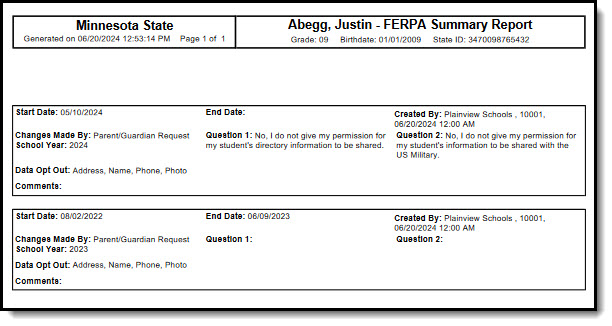 Screenshot of the FERPA Print Summary 