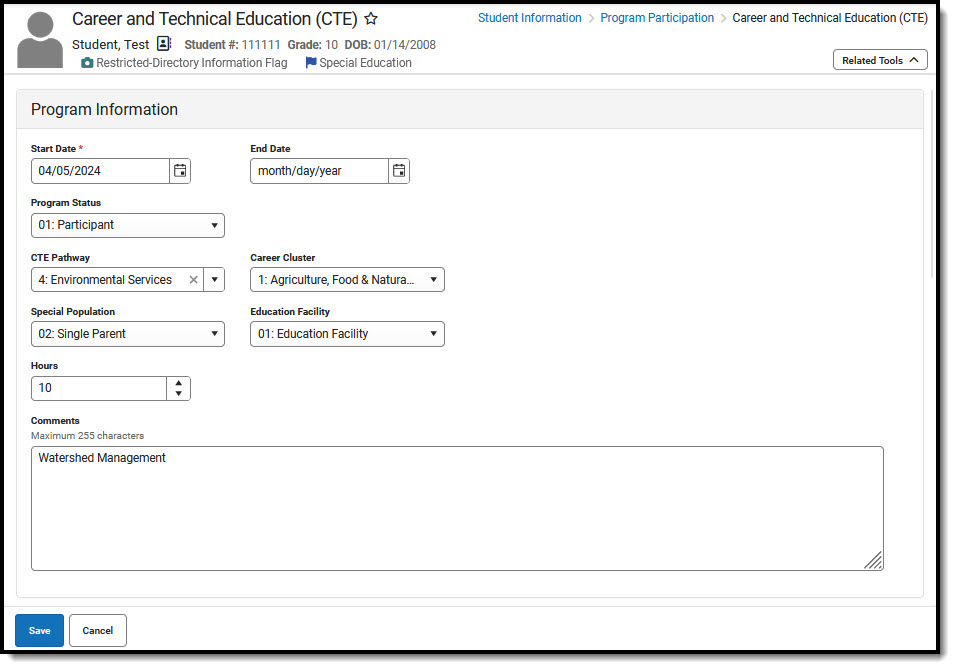 Screenshot of CTE Program Information Editor with available fields displaying.