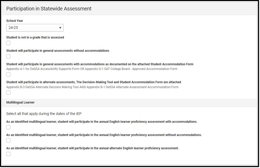 Screenshot of the Participation in Statewide Assessment Detail Screen.