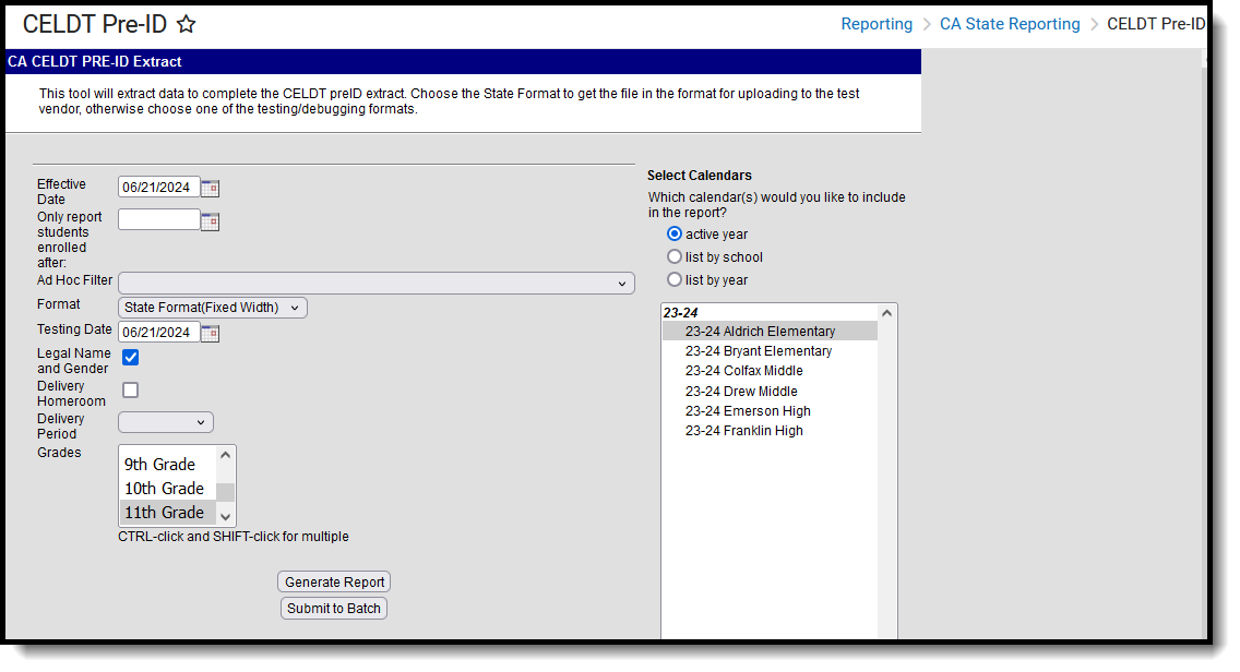 Screenshot of the CELDT Pre-ID extract editor, located at Reporting, CA State Reporting. 