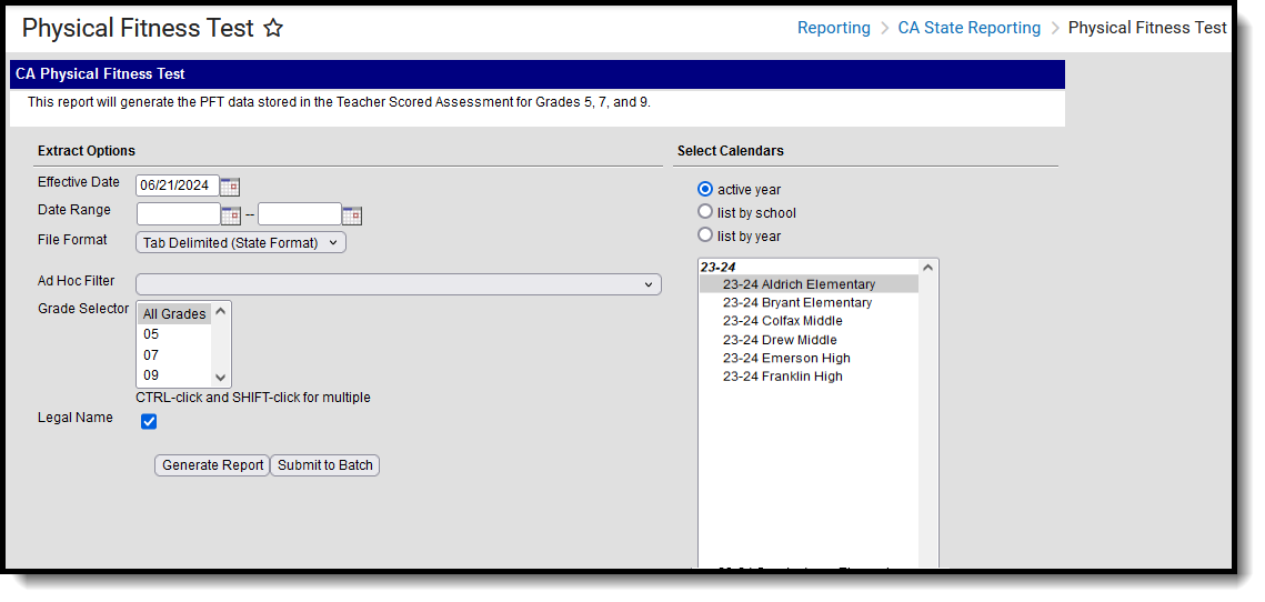 Screenshot of the Physical Fitness Test editor, located at Reporting, CA State Reporting. 